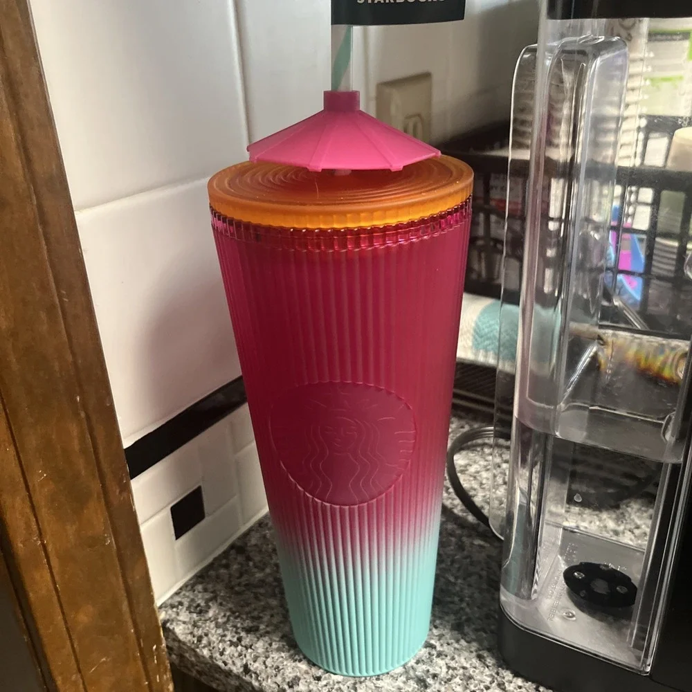 Starbucks 2025 Neon Pink Gradient Pleated Sun Umbrella Topper‎ Charm Tumbler